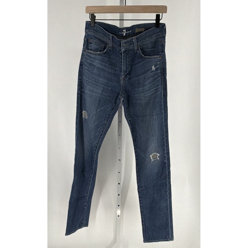 7 For All Mankind Men's Slimmy Jeans 30x 32 Blue Medium Wash Distressed Stretch